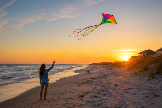 Colorful kite flying above a sandy beach at sunset.